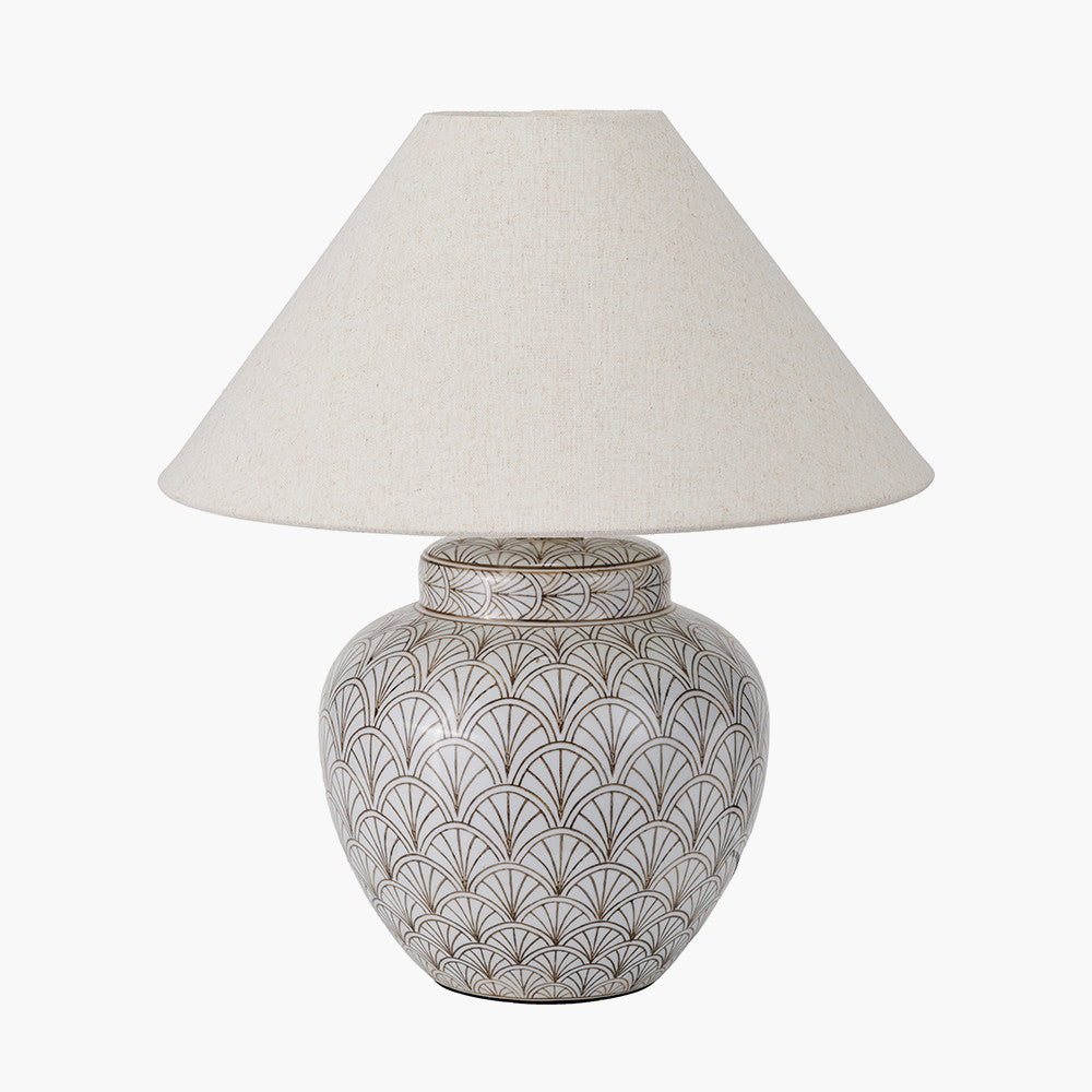 Barbier White Art Deco Fan Ceramic Table Lamp Base with Harley 45cm Slubby Hopsack Empire Lampshade
