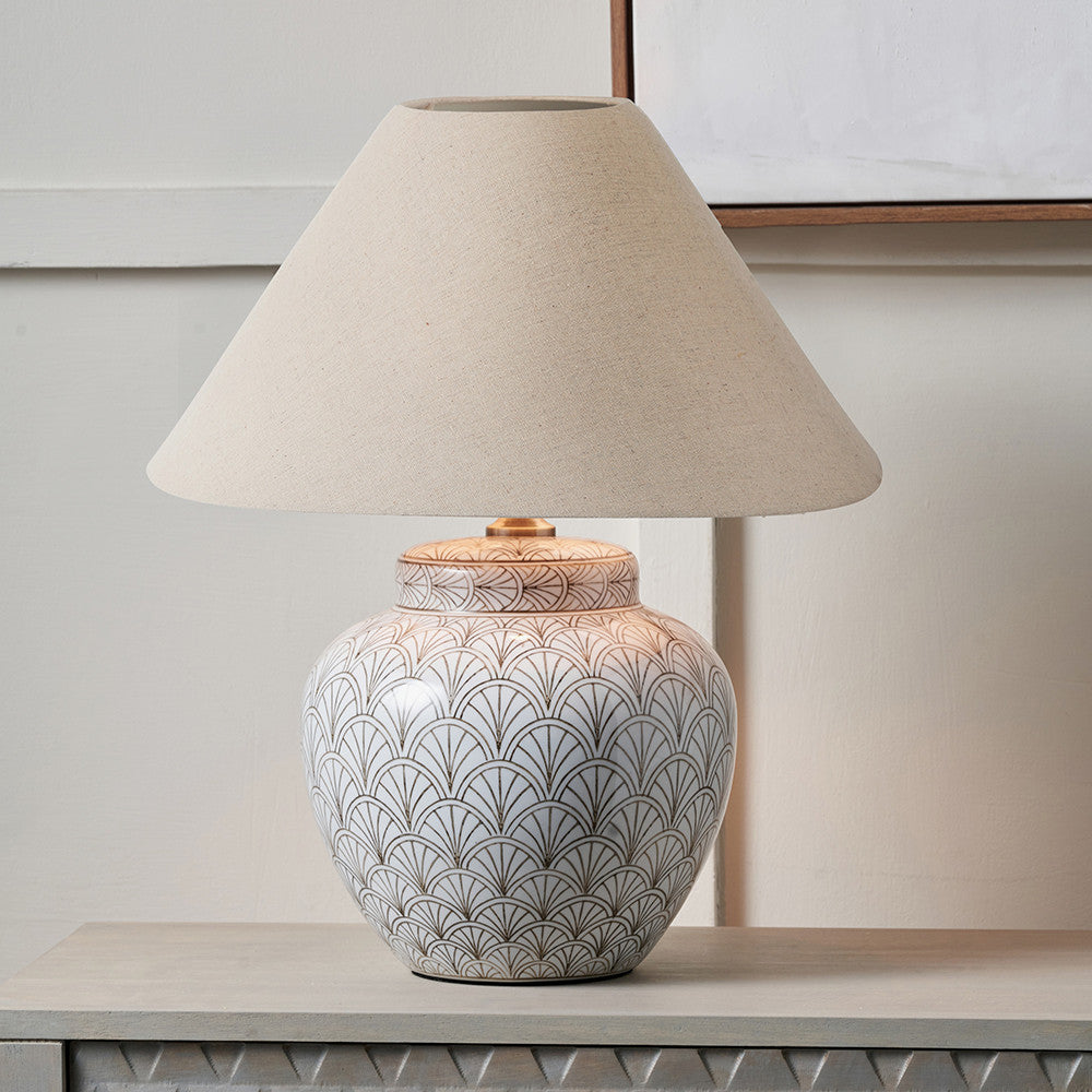 Barbier White Art Deco Fan Ceramic Table Lamp Base with Harley 45cm Slubby Hopsack Empire Lampshade