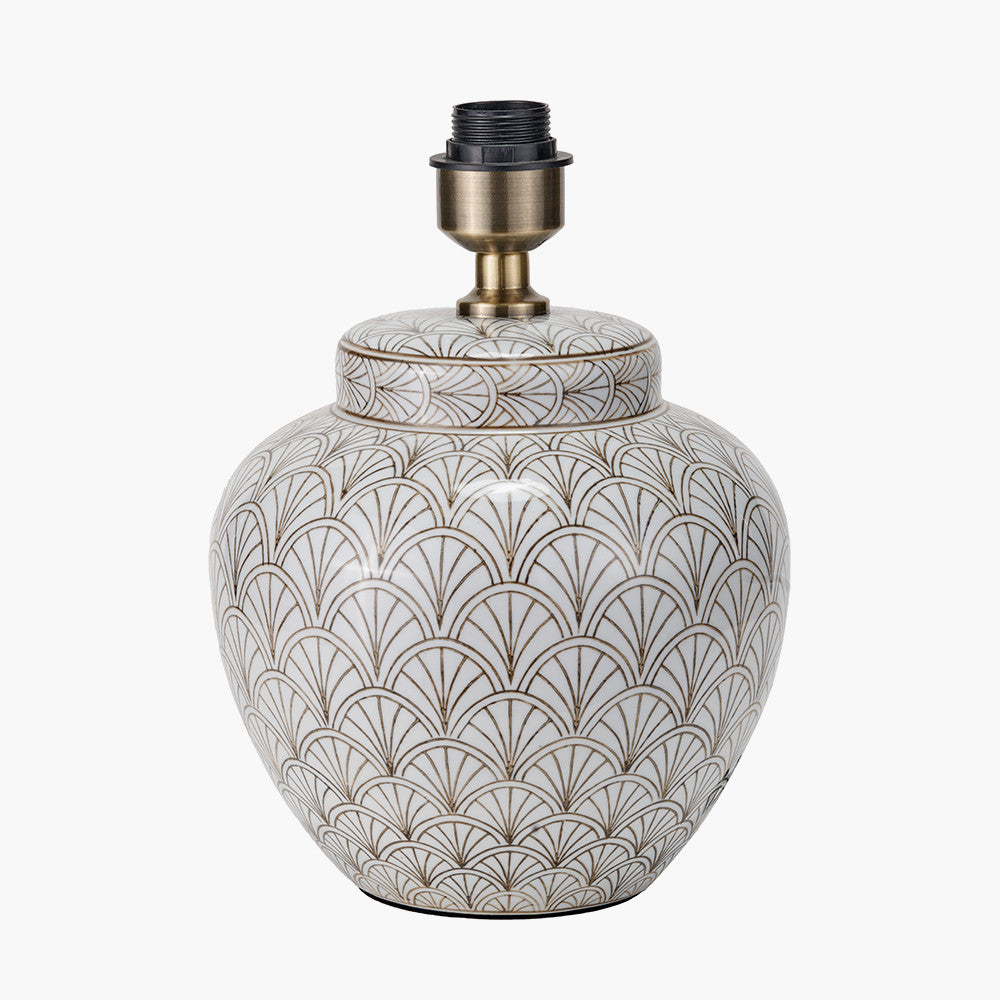 Barbier White Art Deco Fan Ceramic Table Lamp Base with Milos 35cm Natural Linen Tapered Lampshade
