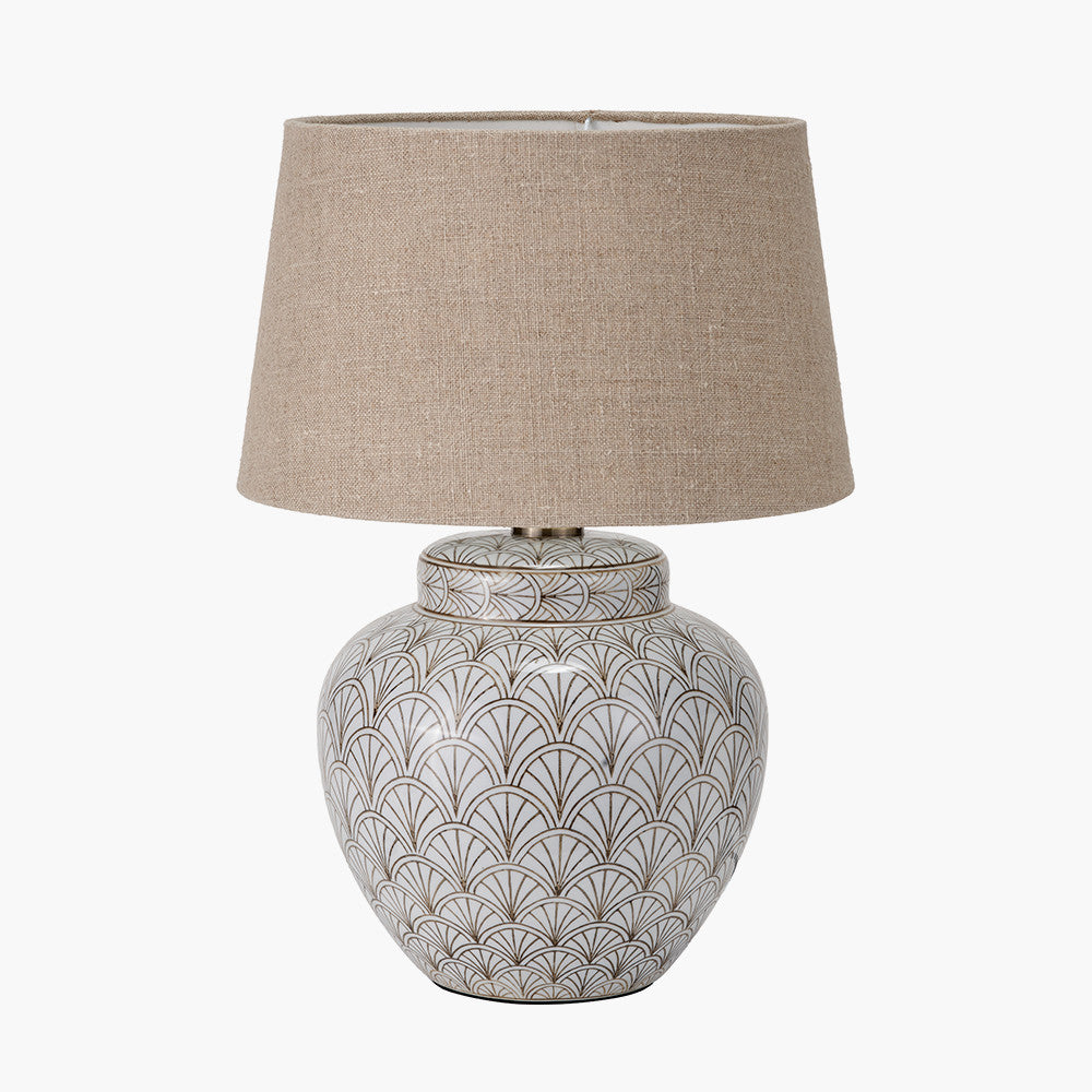 Barbier White Art Deco Fan Ceramic Table Lamp Base with Milos 35cm Natural Linen Tapered Lampshade