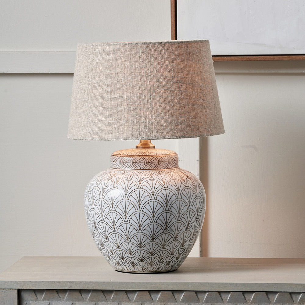 Barbier White Art Deco Fan Ceramic Table Lamp Base with Milos 35cm Natural Linen Tapered Lampshade