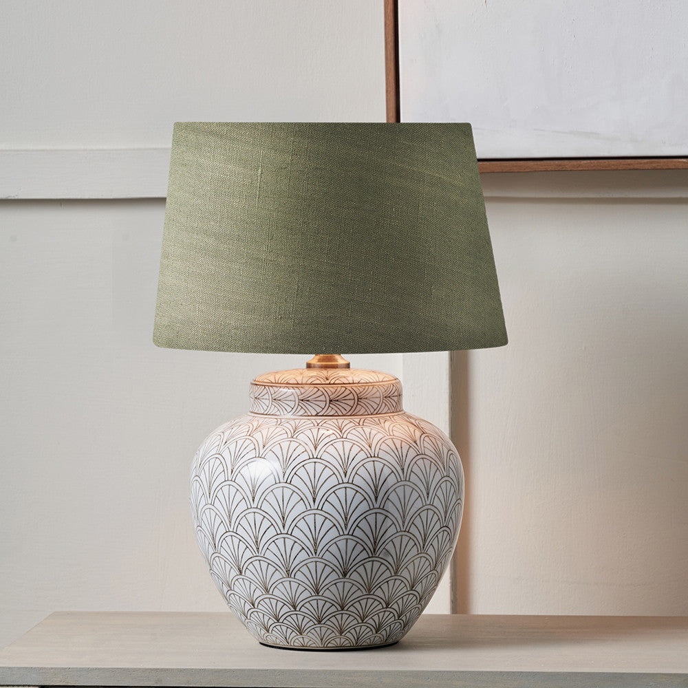 Barbier White Art Deco Fan Ceramic Table Lamp Base with Milos 35cm Pistachio Green Linen Tapered Lampshade