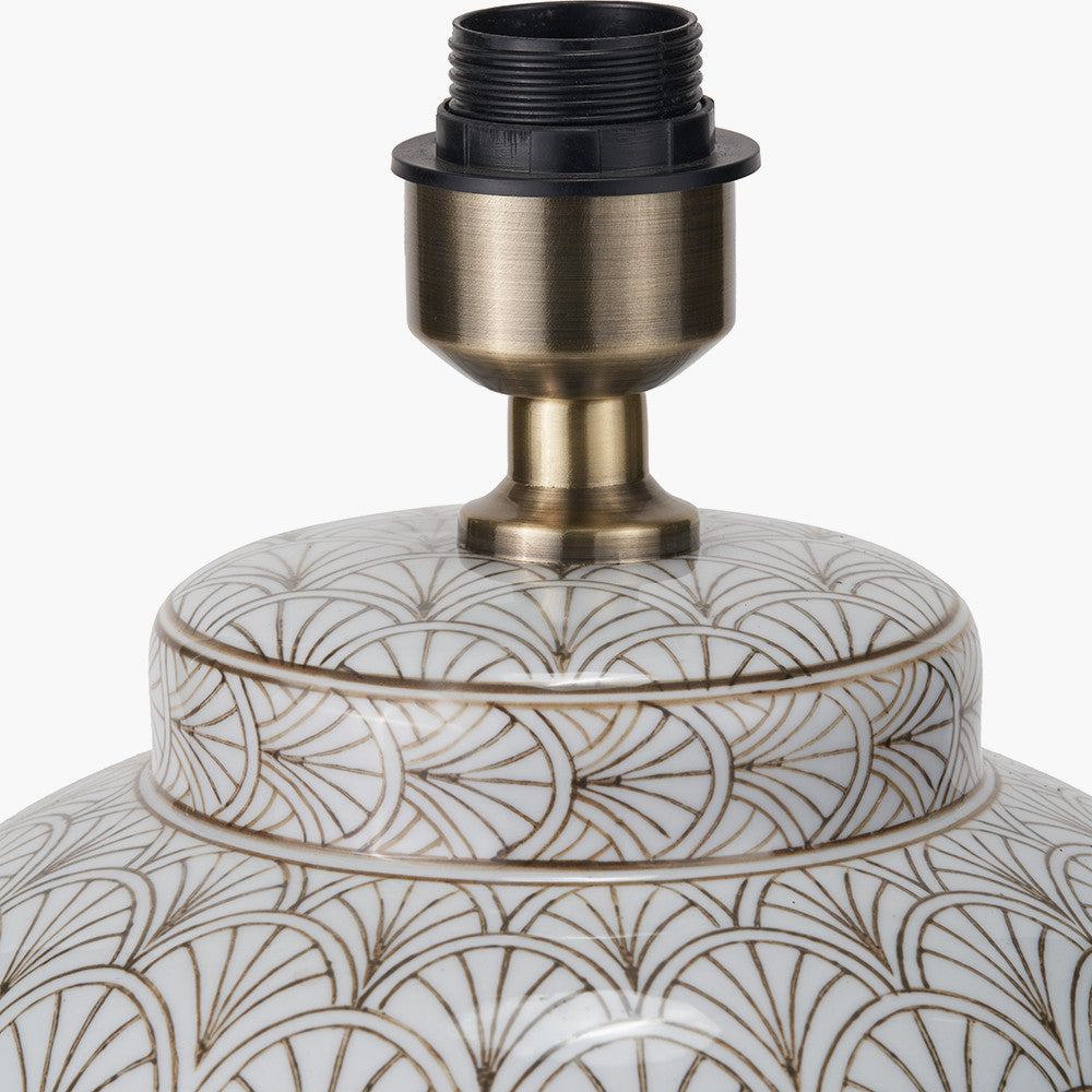 Barbier White Art Deco Fan Ceramic Table Lamp Base with Posy 35cm White Handloom Scalloped Tapered Lampshade