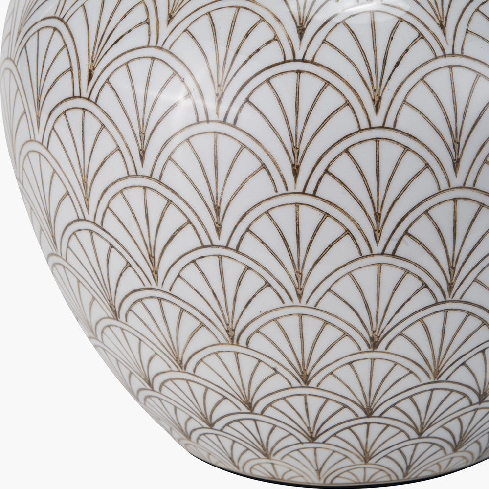Barbier White Art Deco Fan Ceramic Table Lamp Base with Posy 35cm White Handloom Scalloped Tapered Lampshade