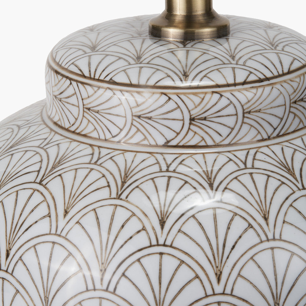 Barbier White Art Deco Fan Ceramic Table Lamp Base with Posy 35cm White Handloom Scalloped Tapered Lampshade