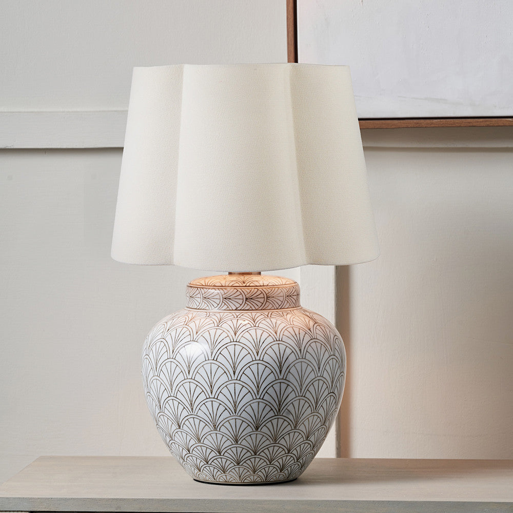 Barbier White Art Deco Fan Ceramic Table Lamp Base with Posy 35cm White Handloom Scalloped Tapered Lampshade