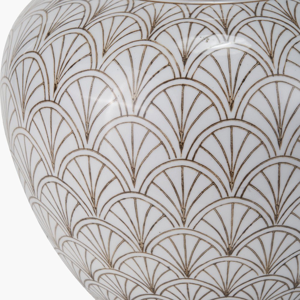 Barbier White Art Deco Fan Ceramic Table Lamp Base with Stellan 35cm Gold Slubbed Silk Mix Gold Lined Cylinder Lampshade
