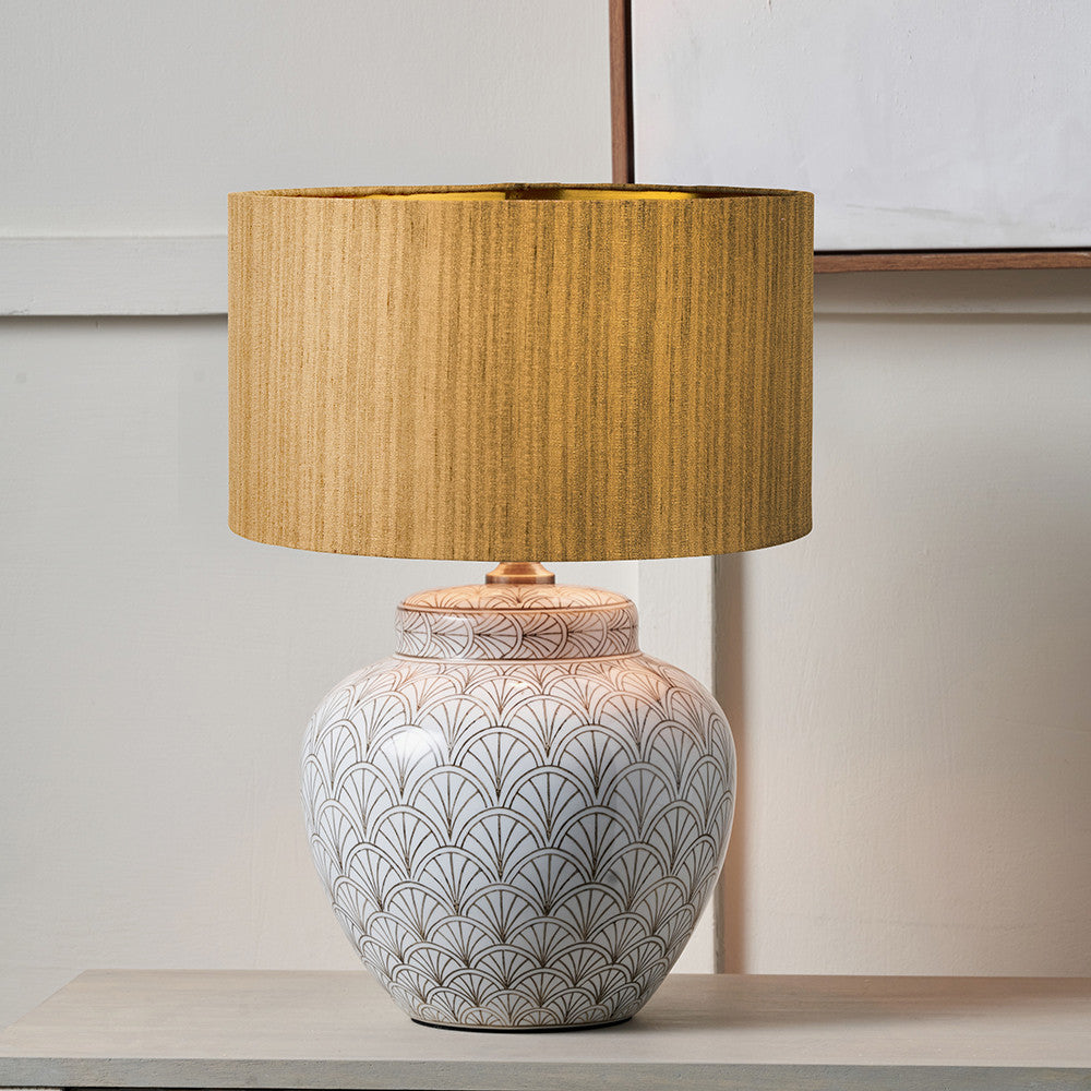 Barbier White Art Deco Fan Ceramic Table Lamp Base with Stellan 35cm Gold Slubbed Silk Mix Gold Lined Cylinder Lampshade