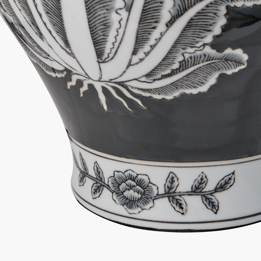 Asteria Black and White Feather Ceramic Urn Table Lamp Base with Adelaide 40cm Black Tapered Cotton Mix Lampshade