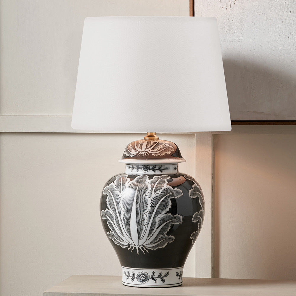 Asteria Black and White Feather Ceramic Urn Table Lamp Base with Adelaide 40cm Ivory Tapered Cotton Mix Lampshade
