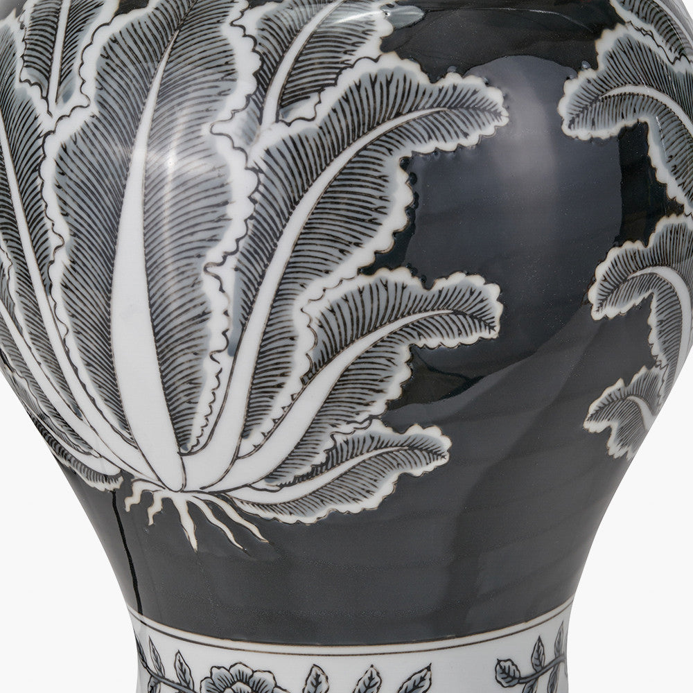 Asteria Black and White Feather Ceramic Urn Table Lamp Base with Henry 40cm White Handloom Cylinder Lampshade