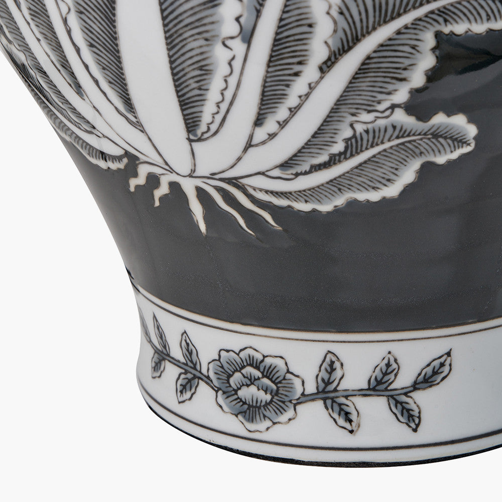 Asteria Black and White Feather Ceramic Urn Table Lamp Base with Henry 40cm White Handloom Cylinder Lampshade