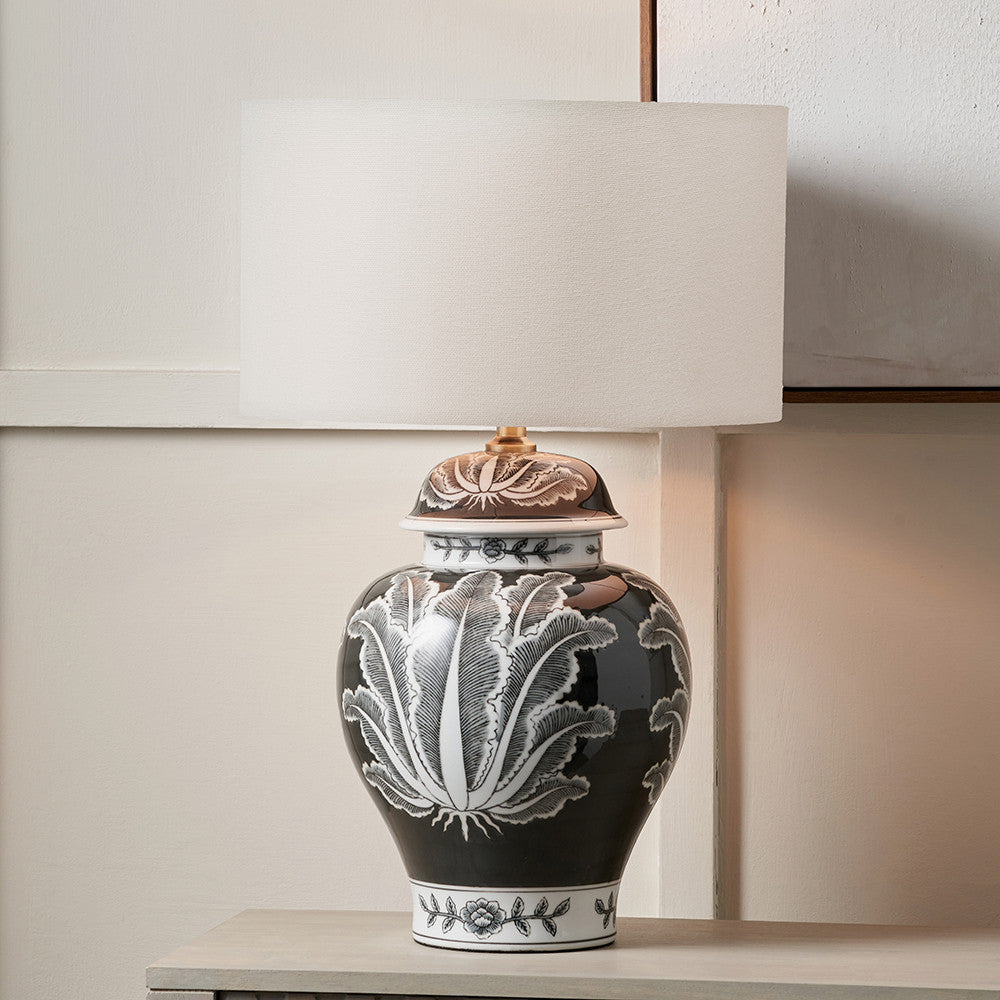 Asteria Black and White Feather Ceramic Urn Table Lamp Base with Henry 40cm White Handloom Cylinder Lampshade