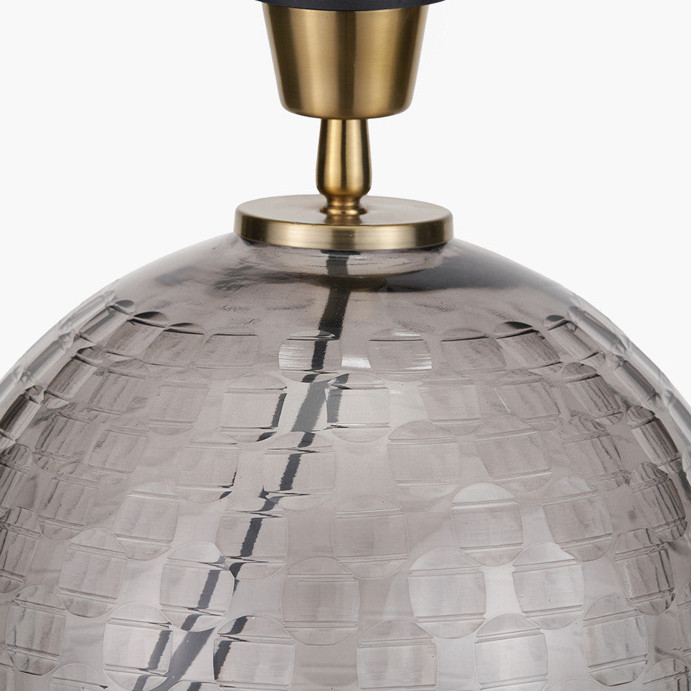 Camille Smoke Grey Circle Design Handcut Glass Table Lamp Base with Harry 30cm Ivory Cotton Mix Cylinder Lampshade