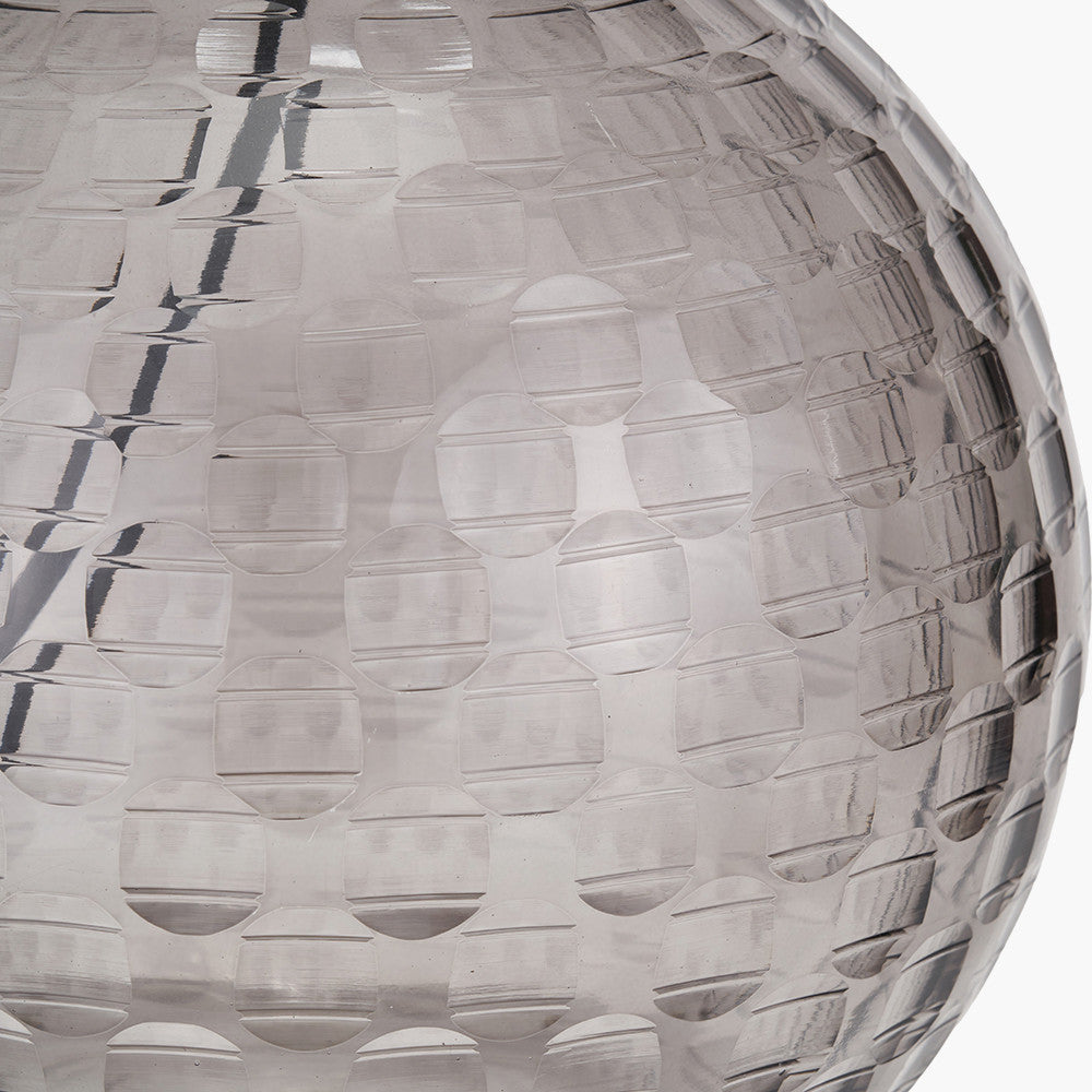 Camille Smoke Grey Circle Design Handcut Glass Table Lamp Base with Stellan 30cm Black Slubbed Silk Mix Gold Lined Cylinder Lampshade