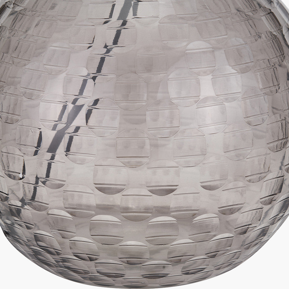 Camille Smoke Grey Circle Design Handcut Glass Table Lamp Base with Stellan 30cm Black Slubbed Silk Mix Gold Lined Cylinder Lampshade