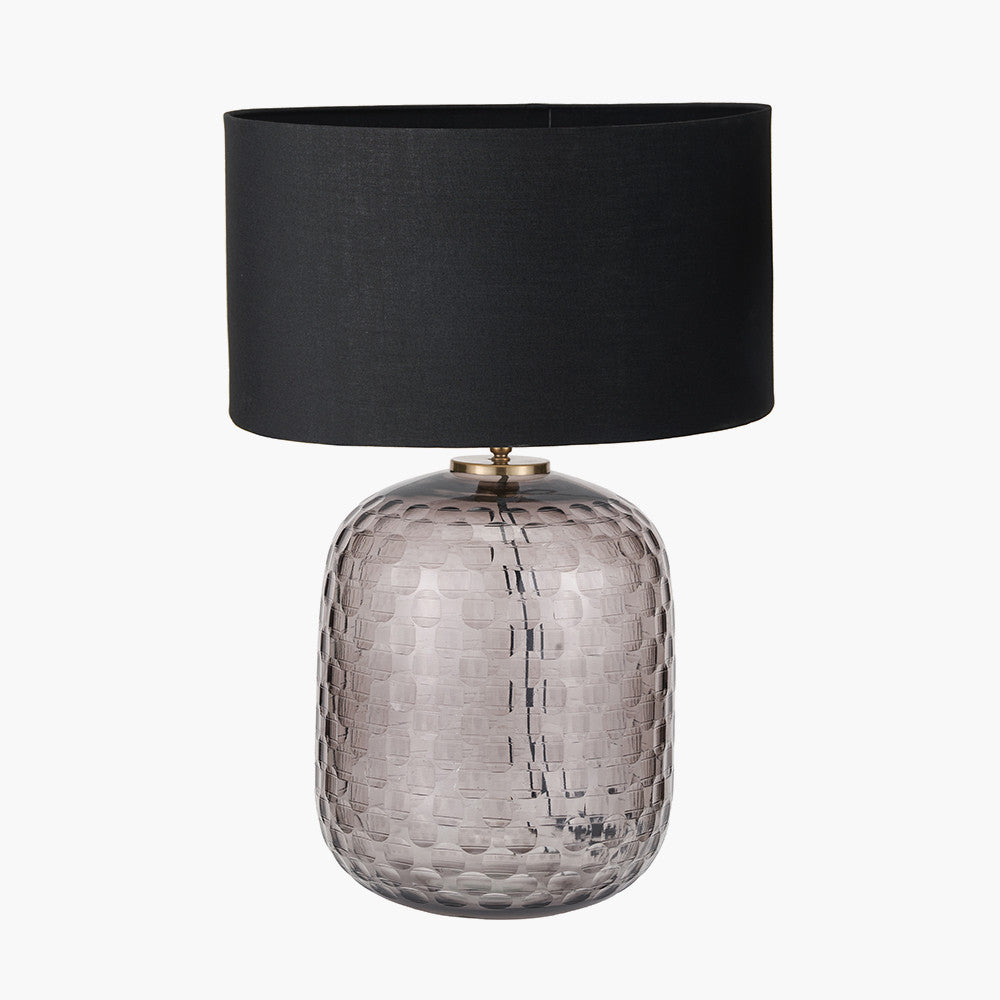 Camille Large Smoke Grey Circle Design Handcut Glass Table Lamp Base with Harry 35cm Black Cotton Mix Cylinder Lampshade