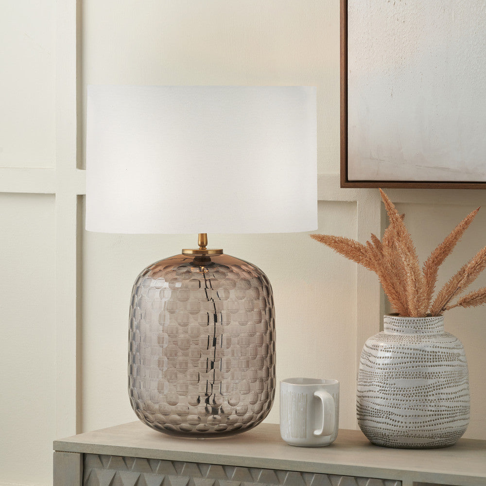 Camille Large Smoke Grey Circle Design Handcut Glass Table Lamp Base with Harry 35cm Ivory Cotton Mix Cylinder Lampshade