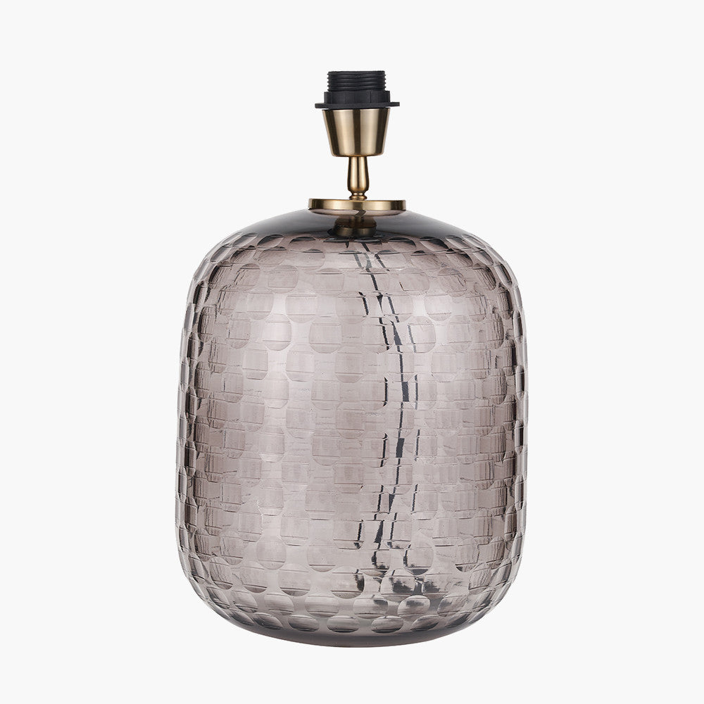 Camille Large Smoke Grey Circle Design Handcut Glass Table Lamp Base with Stellan 35cm Black Slubbed  Silk Mix Gold Lined Cylinder Lampshade