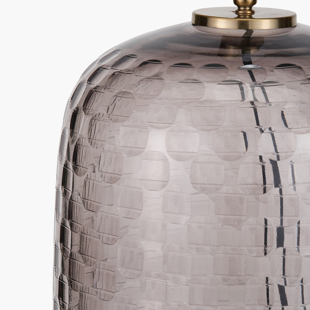 Camille Large Smoke Grey Circle Design Handcut Glass Table Lamp Base with Stellan 35cm Black Slubbed  Silk Mix Gold Lined Cylinder Lampshade
