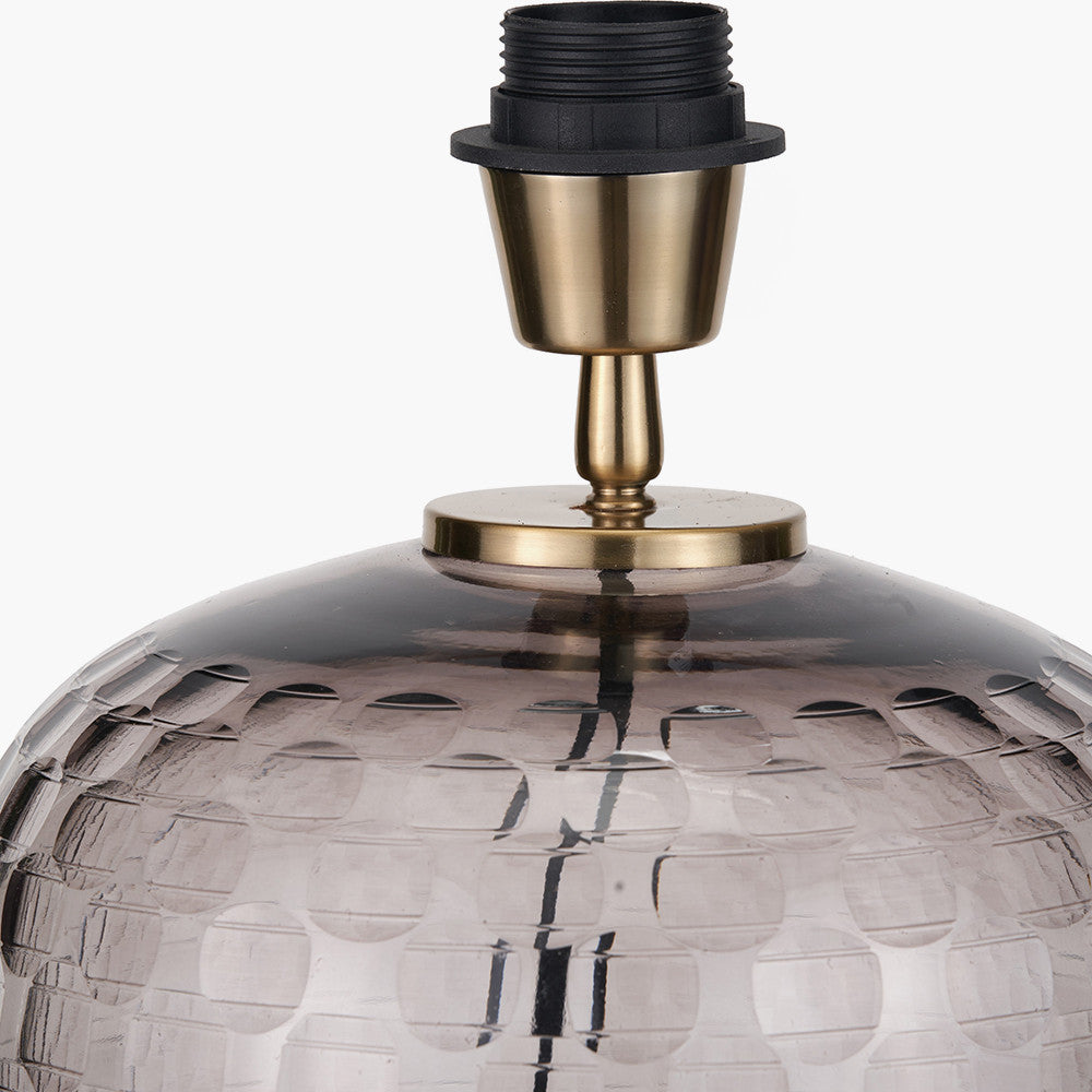 Camille Large Smoke Grey Circle Design Handcut Glass Table Lamp Base with Stellan 35cm Black Slubbed  Silk Mix Gold Lined Cylinder Lampshade