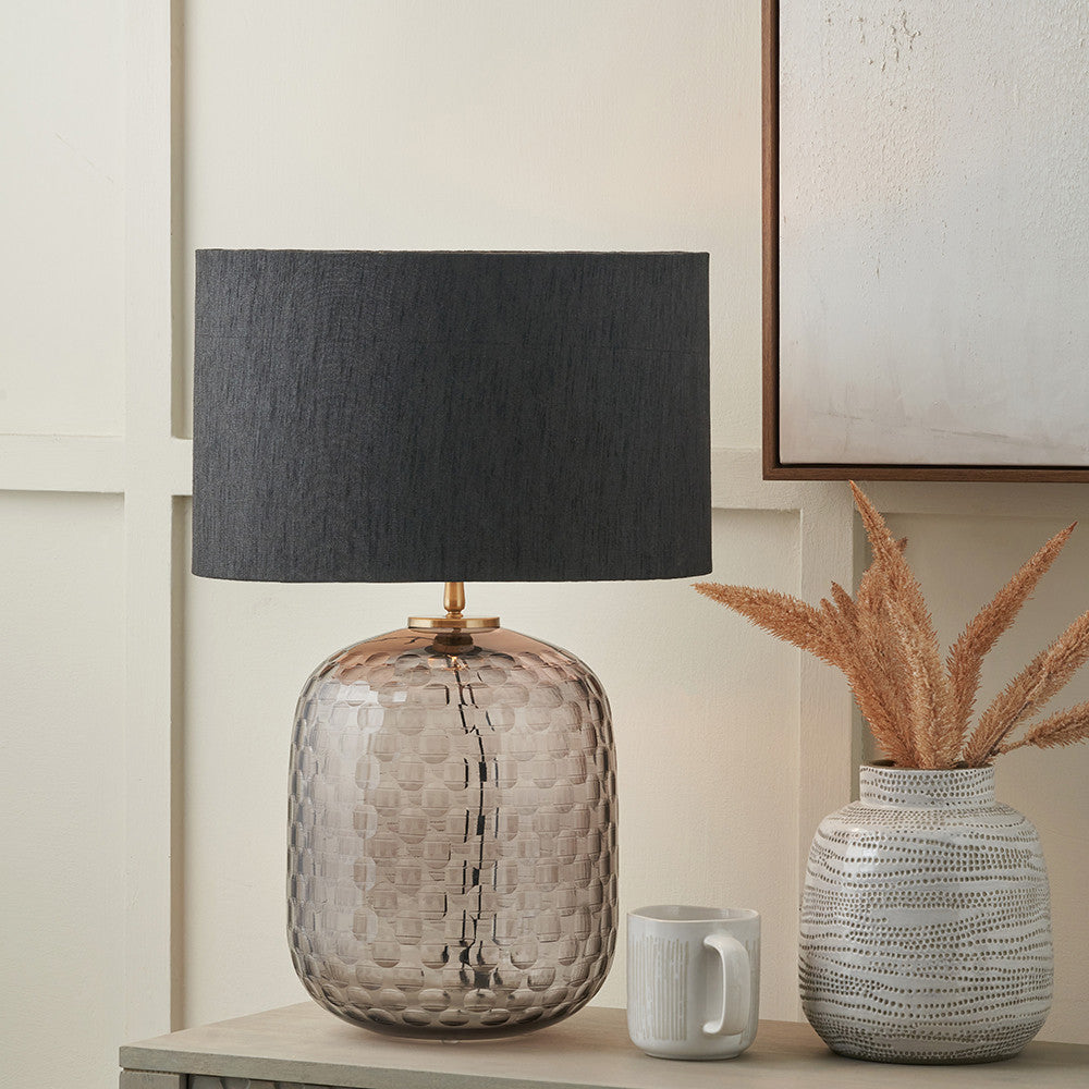 Camille Large Smoke Grey Circle Design Handcut Glass Table Lamp Base with Stellan 35cm Black Slubbed  Silk Mix Gold Lined Cylinder Lampshade