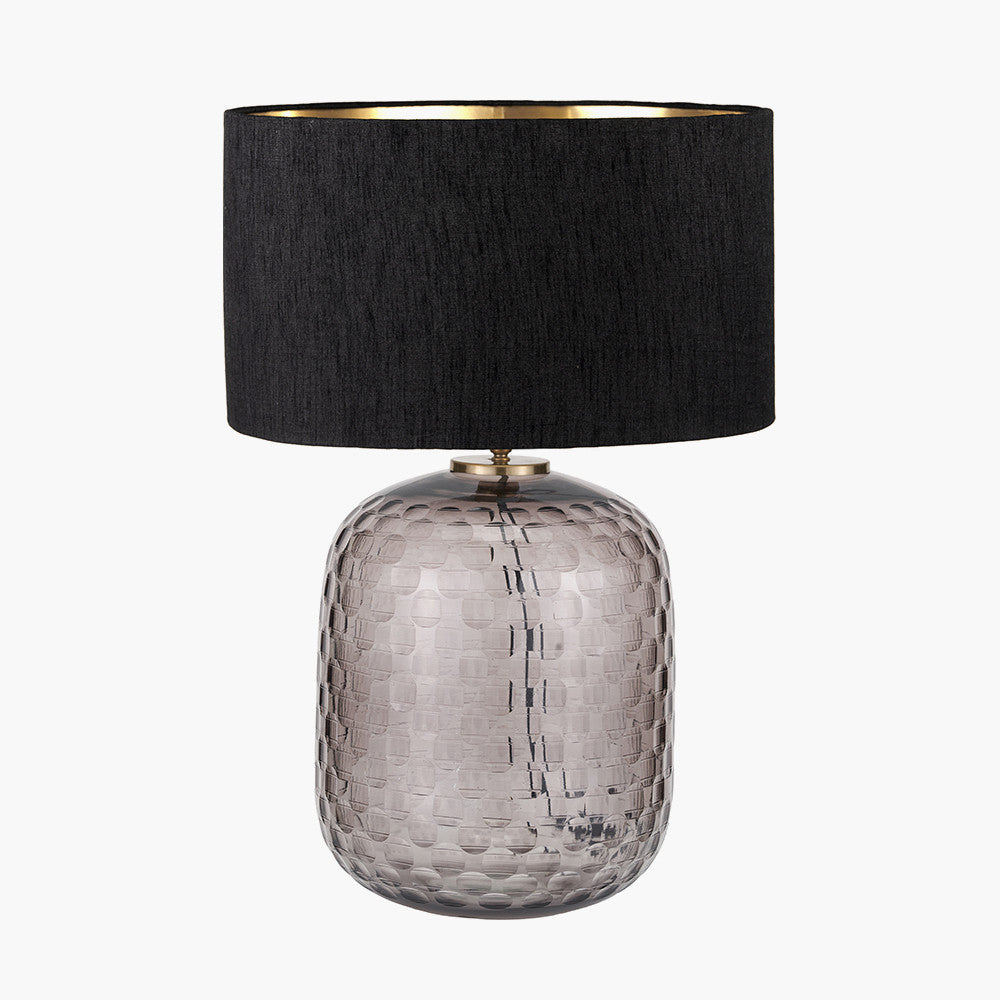 Camille Large Smoke Grey Circle Design Handcut Glass Table Lamp Base with Stellan 35cm Black Slubbed  Silk Mix Gold Lined Cylinder Lampshade