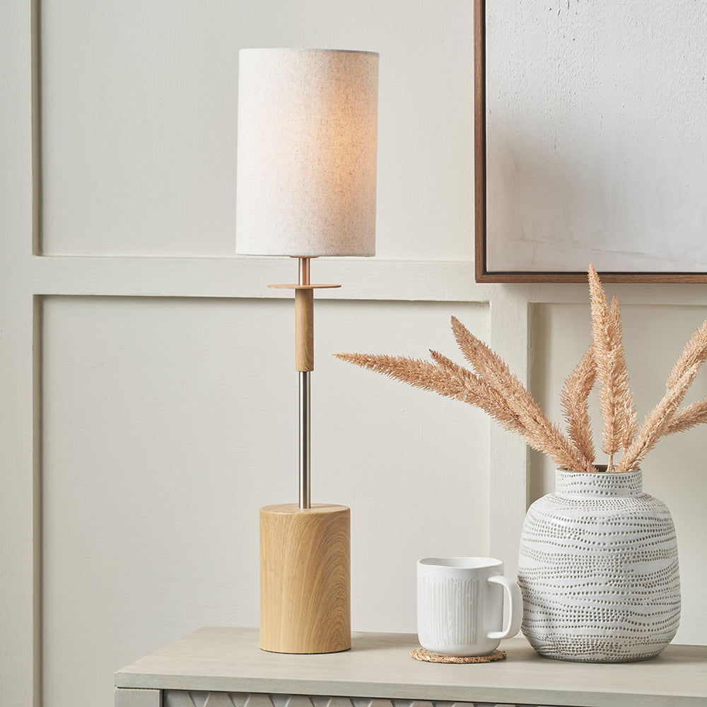 Bonham Natural Wood Veneer and Silver Metal Table Lamp