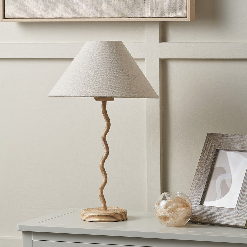 Palau Rattan Wave Table Lamp Base with Harley 30cm Slubby Hopsack Empire Lampshade