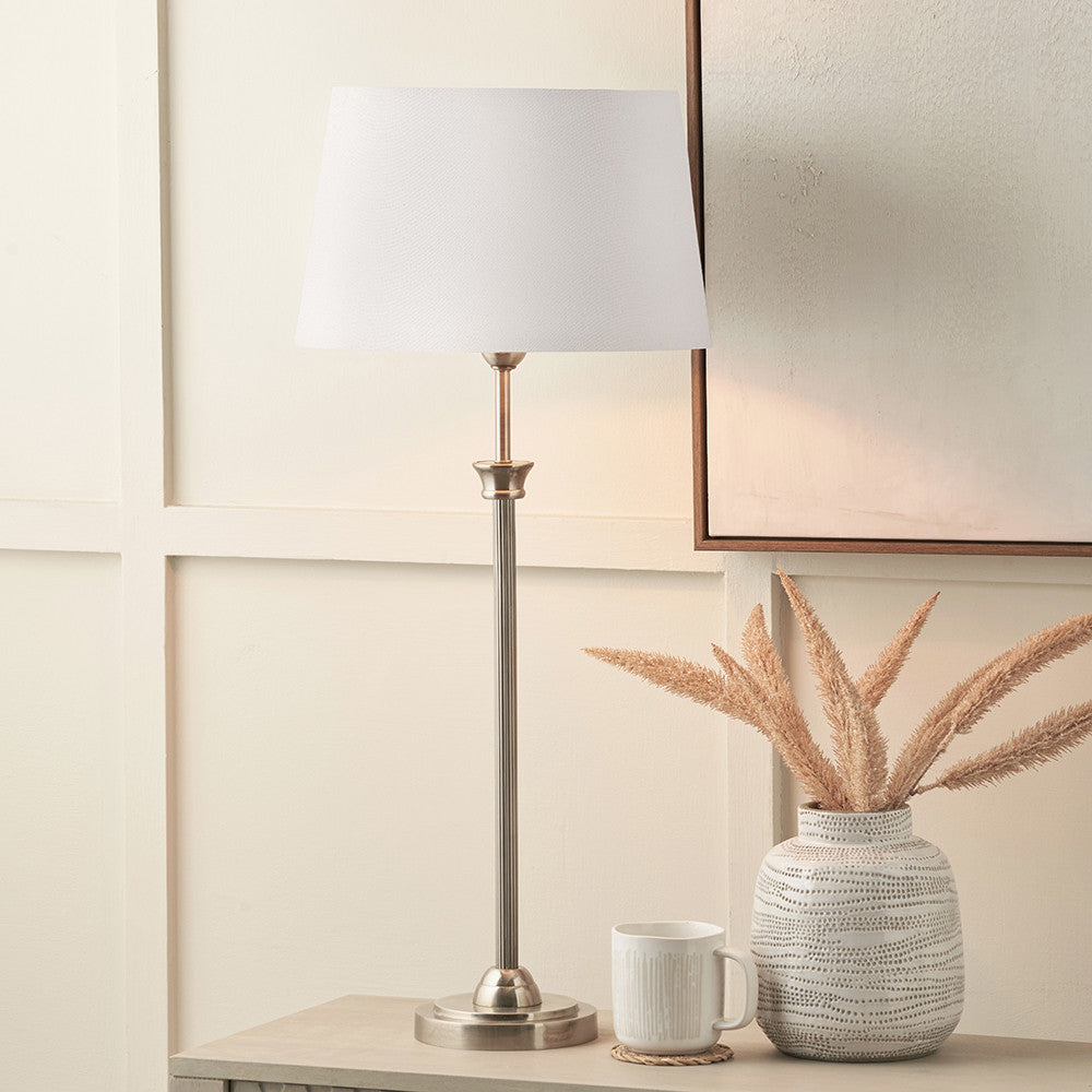 Salvatore Antique Silver Metal Table Lamp Base with Winston 35cm White Handloom Tapered Lampshade