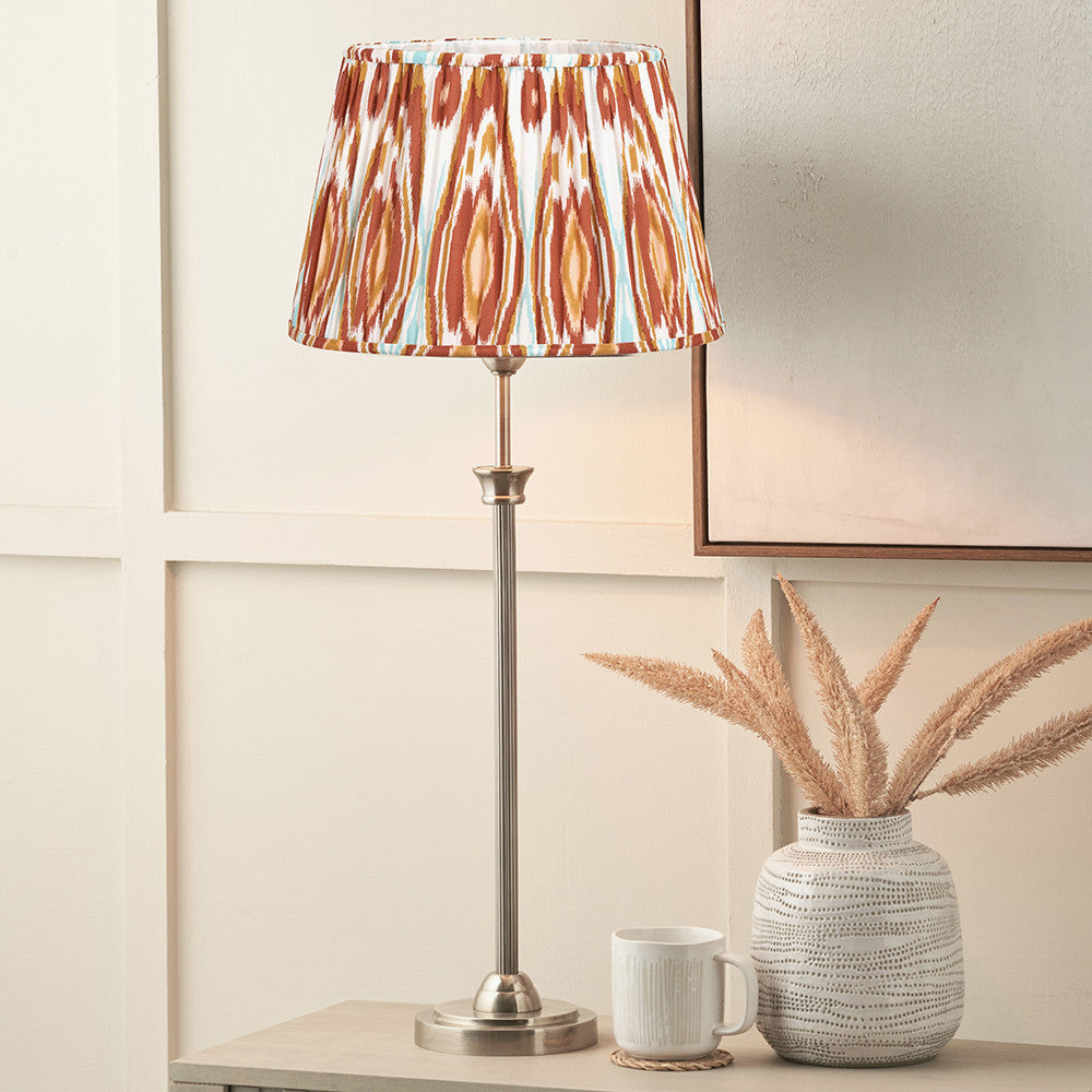 Salvatore Antique Silver Metal Table Lamp Base with Izara 35cm Cinnamon Ikat Patterned Mushroom Pleat Tapered Lampshade