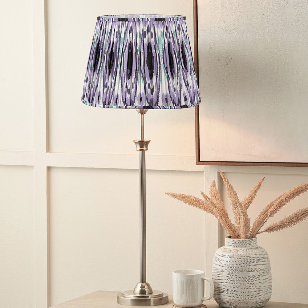 Salvatore Antique Silver Metal Table Lamp Base with Izara 35cm Lilac Ikat Patterned Mushroom Pleat Tapered Lampshade