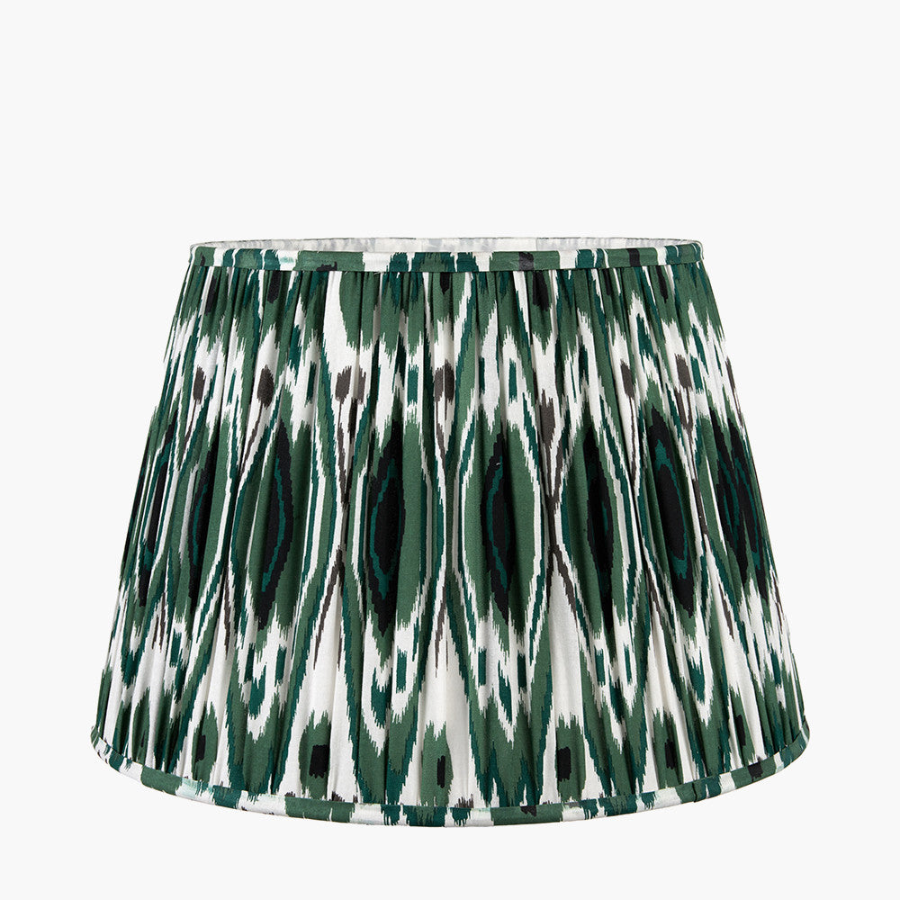 Salvatore Antique Silver Metal Table Lamp Base with Izara 35cm Racing Green Ikat Patterned Mushroom Pleat Tapered Lampshade