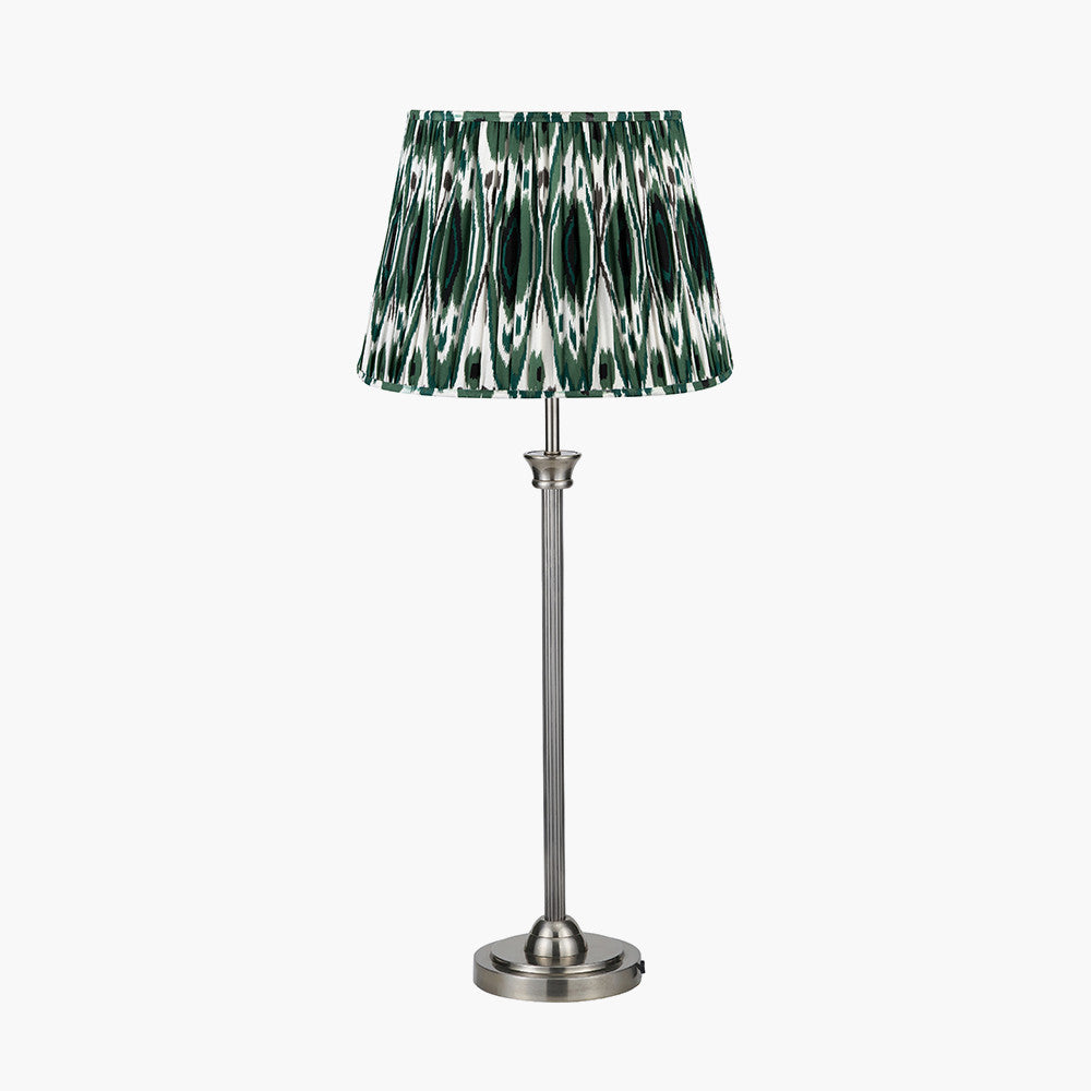 Salvatore Antique Silver Metal Table Lamp Base with Izara 35cm Racing Green Ikat Patterned Mushroom Pleat Tapered Lampshade
