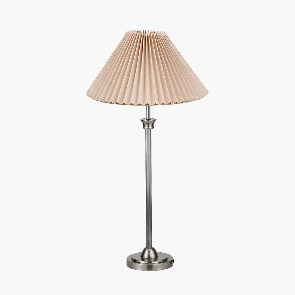 Salvatore Antique Silver Metal Table Lamp Base with Amelia 40cm Natural Linen Hard Pleat Tapered Lampshade