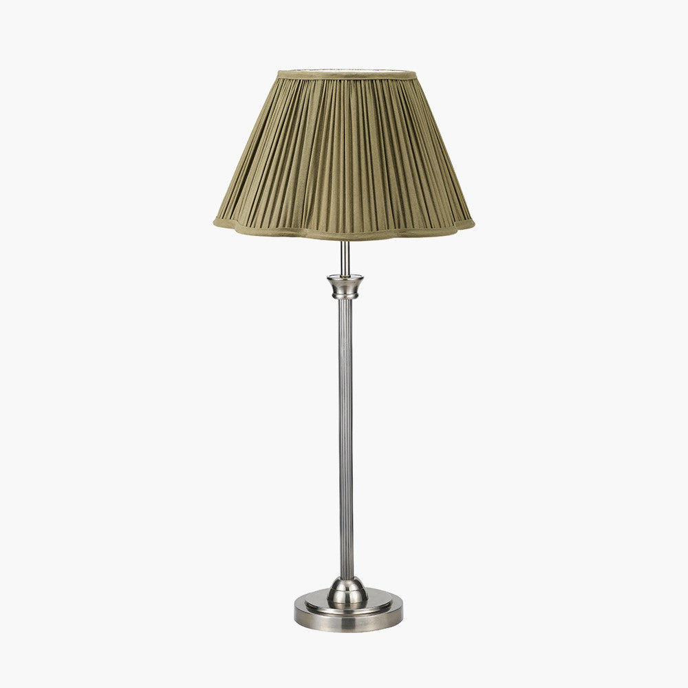 Salvatore Antique Silver Metal Table Lamp Base with Malia 35cm Olive Green Mushroom Pleat Scalloped Tapered Lamp Shade