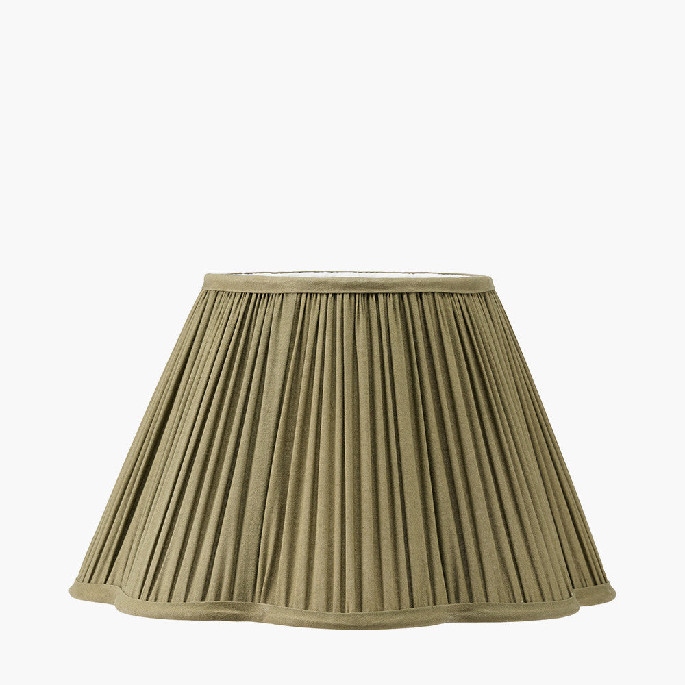 Salvatore Antique Silver Metal Table Lamp Base with Malia 35cm Olive Green Mushroom Pleat Scalloped Tapered Lamp Shade