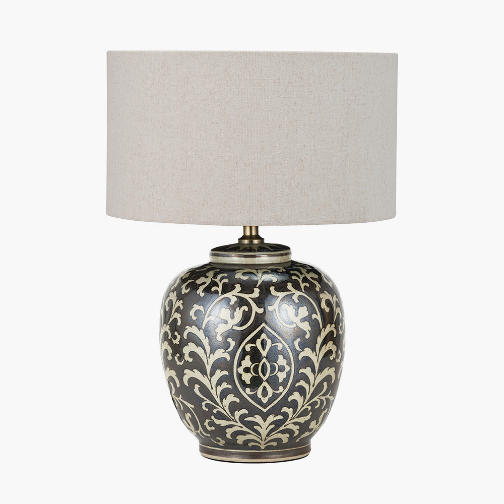 Florentine Grey and White Ceramic Table Lamp Base with Quinn 40cm Slubby Hopsack Cylinder Lampshade