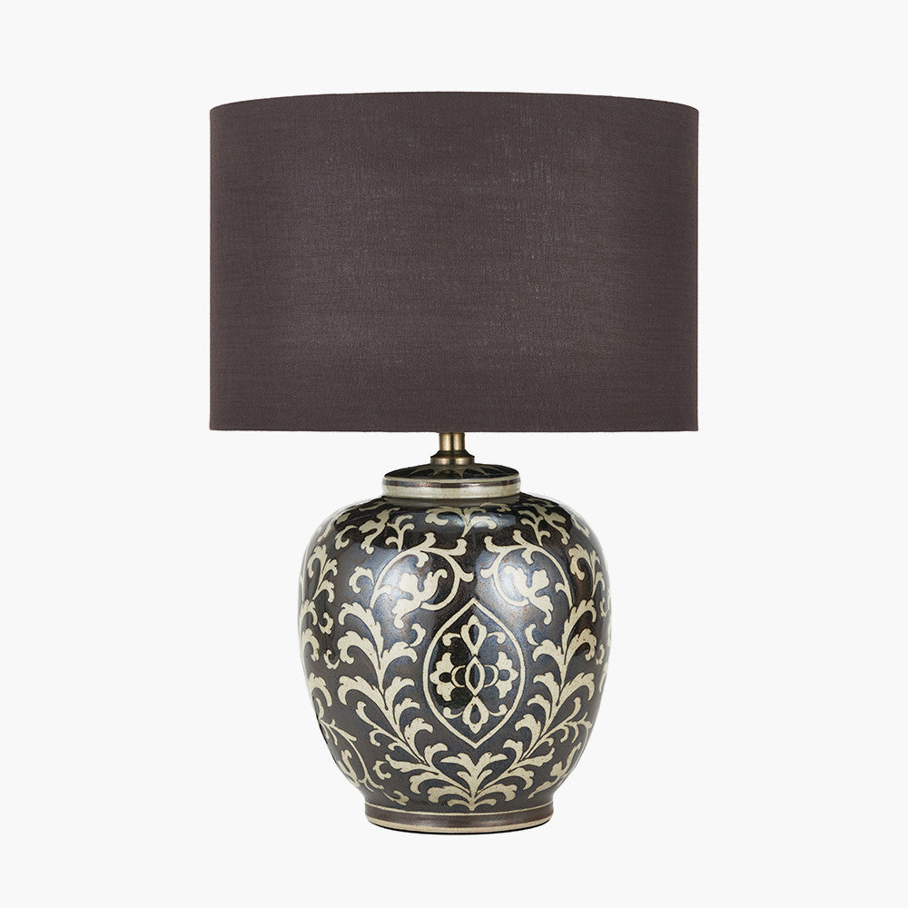 Florentine Grey and White Ceramic Table Lamp Base with Lino 40cm Bitter Chocolate Self Lined Linen Cylinder Lampshade