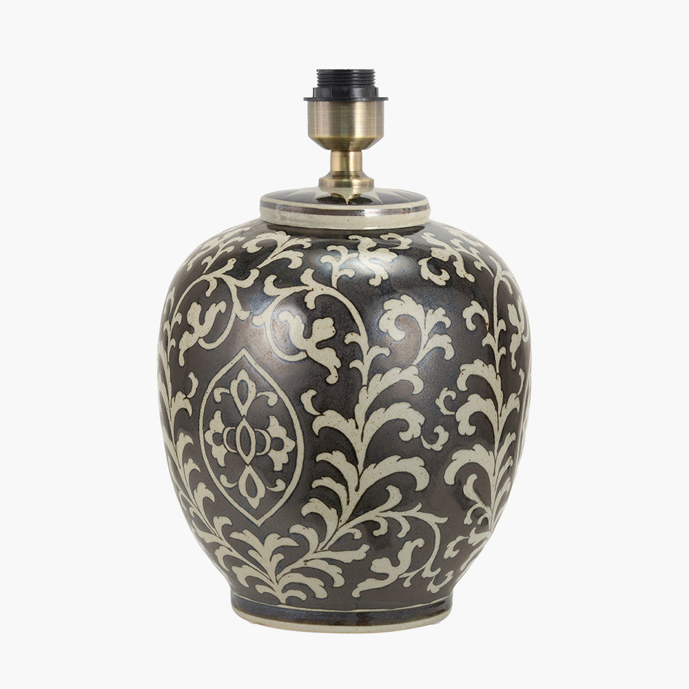 Florentine Grey and White Ceramic Table Lamp Base with Lino 40cm Bitter Chocolate Self Lined Linen Cylinder Lampshade