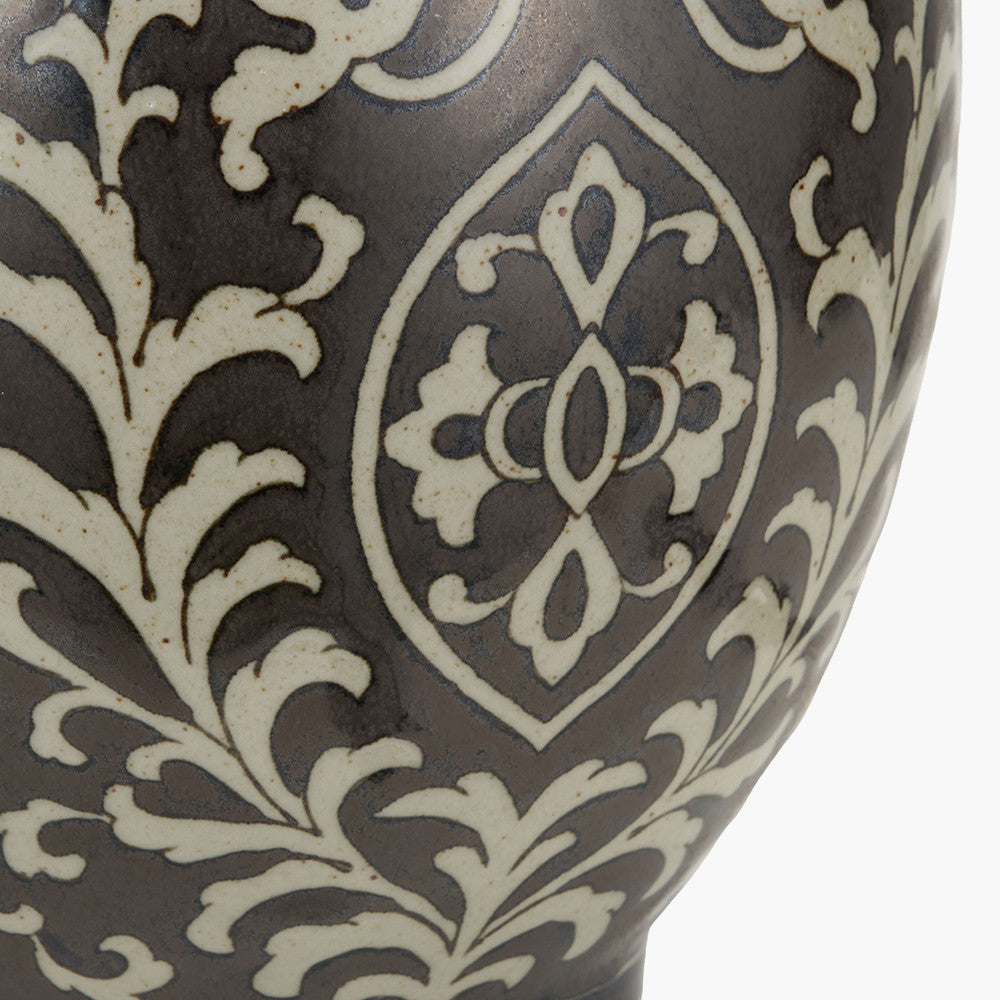 Florentine Grey and White Ceramic Table Lamp Base with Lino 40cm Bitter Chocolate Self Lined Linen Cylinder Lampshade