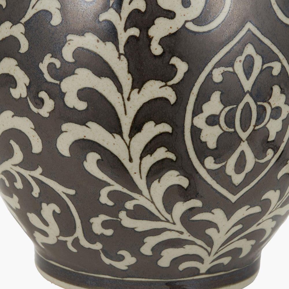 Florentine Grey and White Ceramic Table Lamp Base with Lino 40cm Bitter Chocolate Self Lined Linen Cylinder Lampshade