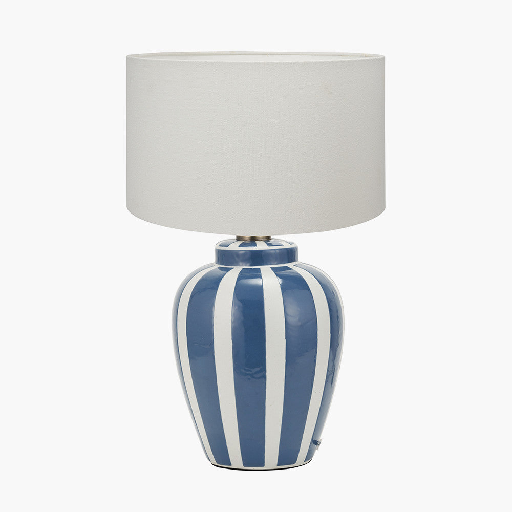 Priscilla Denim Blue Striped Ceramic Table Lamp Base with Henry 30cm White Handloom Cylinder Lampshade