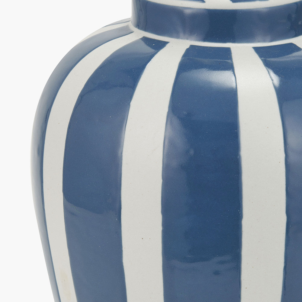 Priscilla Denim Blue Striped Ceramic Table Lamp Base with Henry 30cm White Handloom Cylinder Lampshade