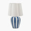 Priscilla Denim Blue Striped Ceramic Table Lamp Base with Posy 30cm White Handloom Scalloped Tapered Lampshade