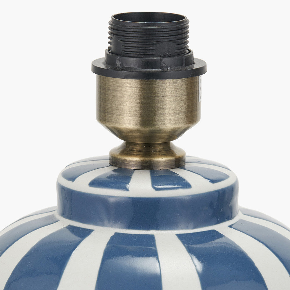 Priscilla Denim Blue Striped Ceramic Table Lamp Base with Posy 30cm White Handloom Scalloped Tapered Lampshade