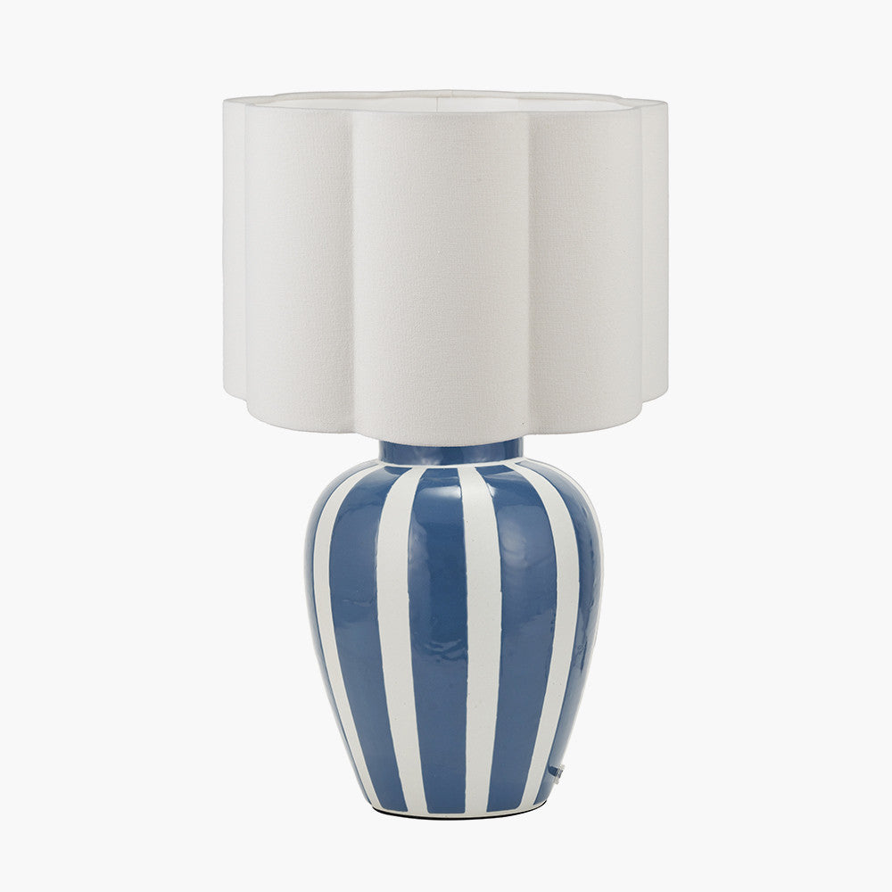 Priscilla Denim Blue Striped Ceramic Table Lamp Base with Bloom 30cm White Handloom Scalloped Cylinder Lampshade
