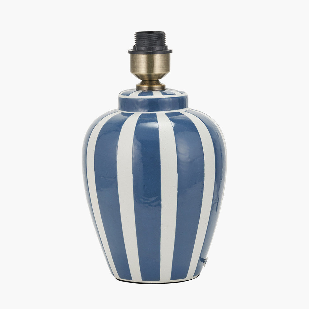 Priscilla Denim Blue Striped Ceramic Table Lamp Base with Bloom 30cm White Handloom Scalloped Cylinder Lampshade