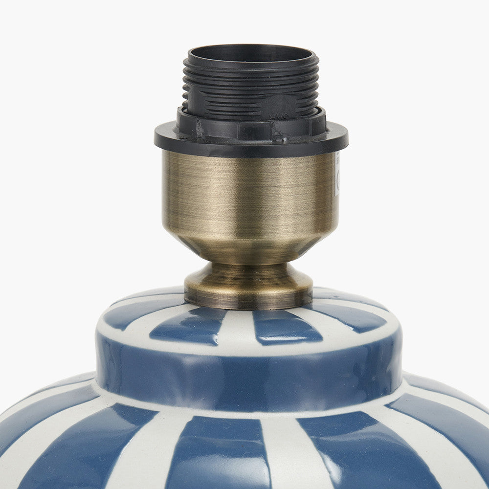 Priscilla Denim Blue Striped Ceramic Table Lamp Base with Bloom 30cm White Handloom Scalloped Cylinder Lampshade
