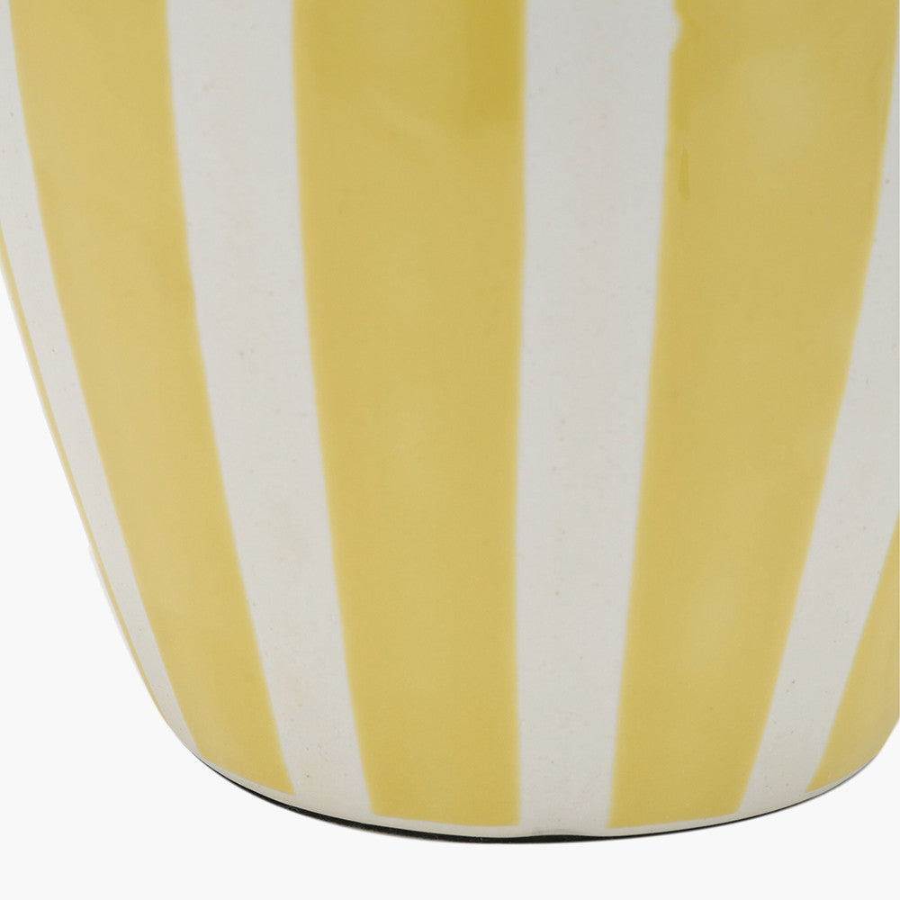 Priscilla Yellow Striped Ceramic Table Lamp Base with Henry 30cm White Handloom Cylinder Lampshade
